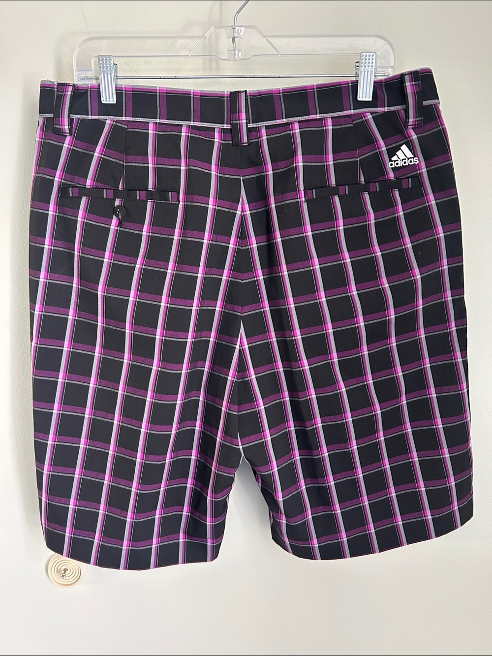 adidas Men's Black Plaid Golf Shorts with Pink Grid